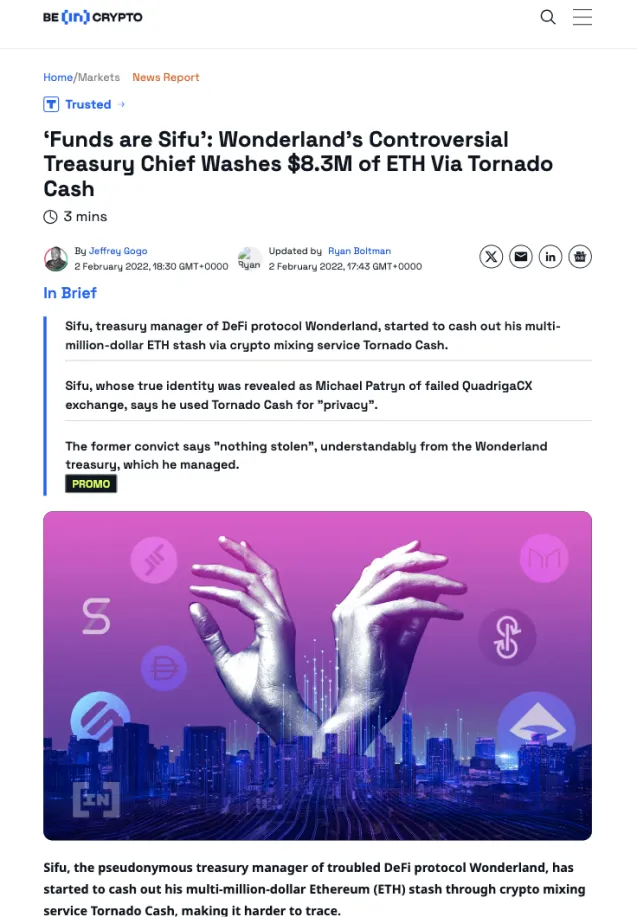 ‘Funds are Sifu’: Wonderland’s Controversial Treasury Chief Washes $8.3M of ETH Via Tornado Cash